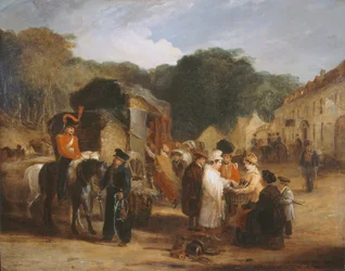 Het Dorp Waterloo, met reizigers die relikwieën kopen die op het slagveld zijn gevonden, 1815, c.1821